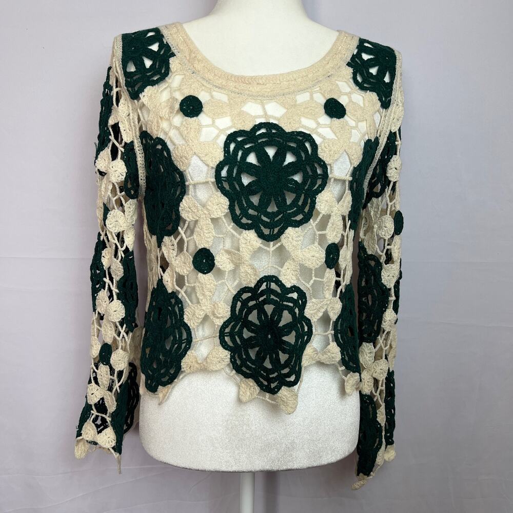 Vintage Rebellion Soft Retro Femme Crochet Floral Knit Sweater Green Cream M